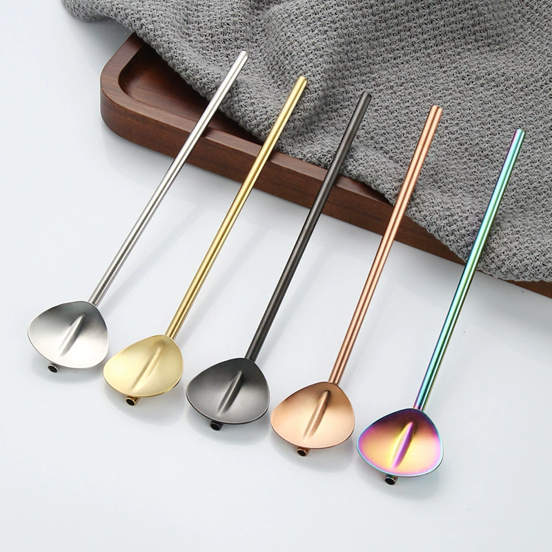 304 stainless steel mixing spoon straw manufacturer wholesale all-in-one fruit coffee milk tea mixing straw spoon