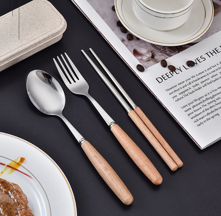 New stainless steel beech wood handle tableware portable spoon fork chopsticks three piece set supports logo