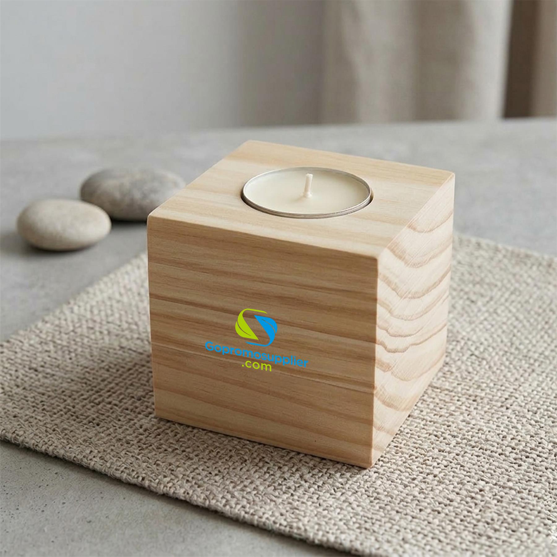 Square Natural Wood‑Block Tealight Candle Holder