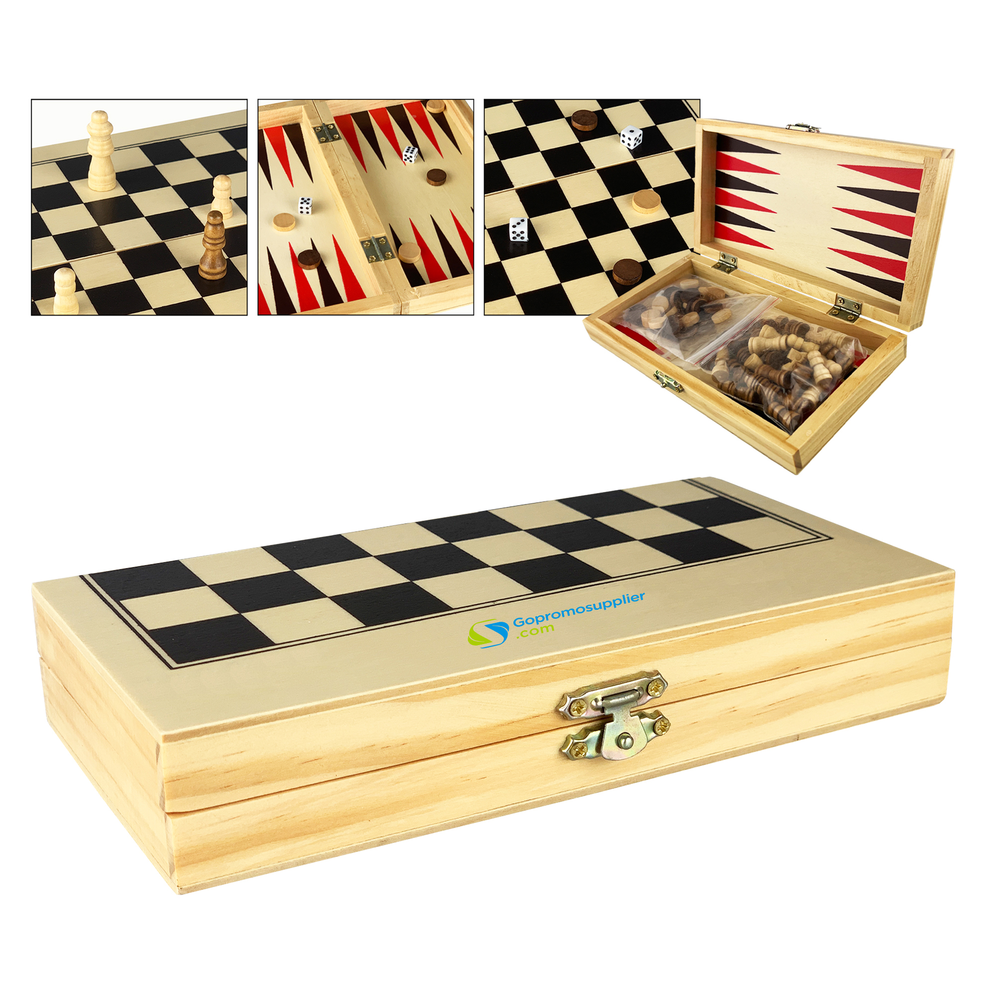 3 in 1 Wooden Chess & Backgammon Checkers Set